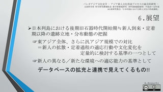 6.展望
パレオアジア文化史学 - アジア新人文化形成プロセスの総合的研究 -
文部科学省 科学研究費補助金 新学術領域研究（研究領域提案型）平成28～32年度
A01班研究集会「日本列島における新人文化の形成過程」
A.Noguchi
日本列島における後期旧石器時代開始期≒新人到来・定着
期以降の遺跡立地・分布動態の把握
☞東アジア全体、さらに汎アジア規模での対比
＝新人の拡散・定着過程の適応行動や文化変化を
定量的に検討する基準の一つとして
☞新人の異なる／新たな環境への適応能力の基準として
データベースの拡充と連携で見えてくるもの!!
 