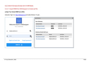 © Yuriy Shamshin, 2020 19/34
4.2.2. IMPORT DATABASE SCHEME WIDTH PHPMYADMIN.
4.2.2.1. Export RDM from DB Designer to Create.sql File.
a) Open Your Variant RDM from LW-02.
Instruction: Sign In on https://dbdesigner.net and select Schema à Load…
 