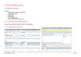 © Yuriy Shamshin, 2020 28/34
4.4. POPULATE MYSQL DATABASE.
4.4.1. Manual insert test data
Instruction:
a) Determine the Order of table population
b) Empty tables if need
c) Select table
d) Select Insert
e) Fill in Columns Value
f) Save INSERT INTO sql query code.
4.4.1.1. Example of Order of table population:
Courses, Groups, Students, Contracts, Teachers, CoursesTeachers.
4.4.1.2. Example for Courses table.
INSERT INTO `Courses` (`course_id`, `course_duration`, `course_cost`) VALUES ('3', '64', '25'), ('2', NULL, NULL);
 