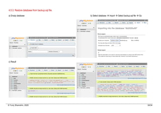 © Yuriy Shamshin, 2020 34/34
4.5.3. Restore database from backup.sql file.
a) Empty database b) Select database à Import à Select backup.sql file à Go
c) Result
 
