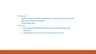 10
•Metadata:
–data that describes the properties or characteristics of end user
data and context of that data
–Data about data
•Example
• By adding a few additional data items and providing some
structure,
• we recognize a class roster for a particular course.
 
