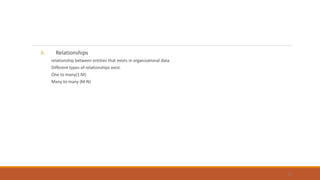 ii. Relationships
relationship between entities that exists in organizational data.
Different types of relationships exist.
One to many(1:M)
Many to many (M:N)
31
 
