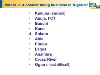 Where is it easiest doing business in Nigeria? Kaduna  (easiest) Abuja, FCT Bauchi Kano 4.  Sokoto Abia Enugu Lagos Anambra Cross River Ogun  (most difficult) 