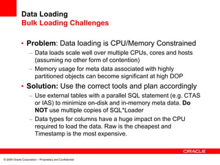 © 2009 Oracle Corporation – Proprietary and Confidential
Data Loading
Bulk Loading Challenges
• Problem: Data loading is CPU/Memory Constrained
– Data loads scale well over multiple CPUs, cores and hosts
(assuming no other form of contention)
– Memory usage for meta data associated with highly
partitioned objects can become significant at high DOP
• Solution: Use the correct tools and plan accordingly
– Use external tables with a parallel SQL statement (e.g. CTAS
or IAS) to minimize on-disk and in-memory meta data. Do
NOT use multiple copies of SQL*Loader
– Data types for columns have a huge impact on the CPU
required to load the data. Raw is the cheapest and
Timestamp is the most expensive.
 