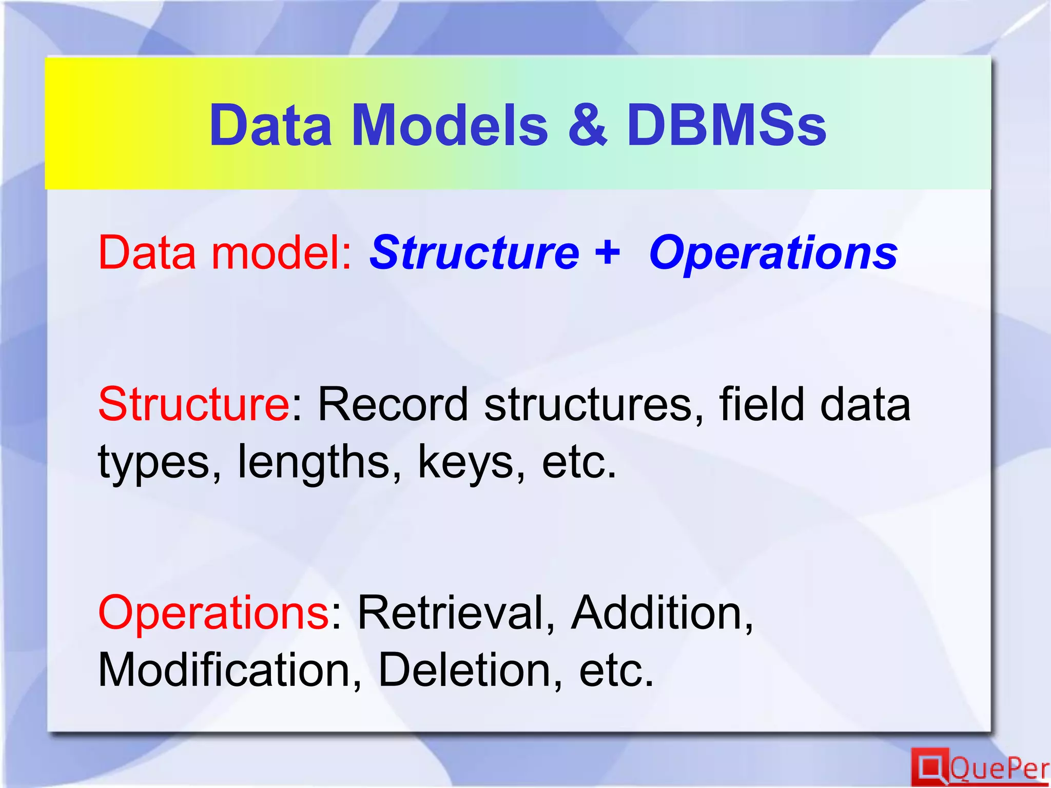 Data Models & DBMSs
Data model: Structure + Operations
Structure: Record structures, field data
types, lengths, keys, etc.
Operations: Retrieval, Addition,
Modification, Deletion, etc.
 