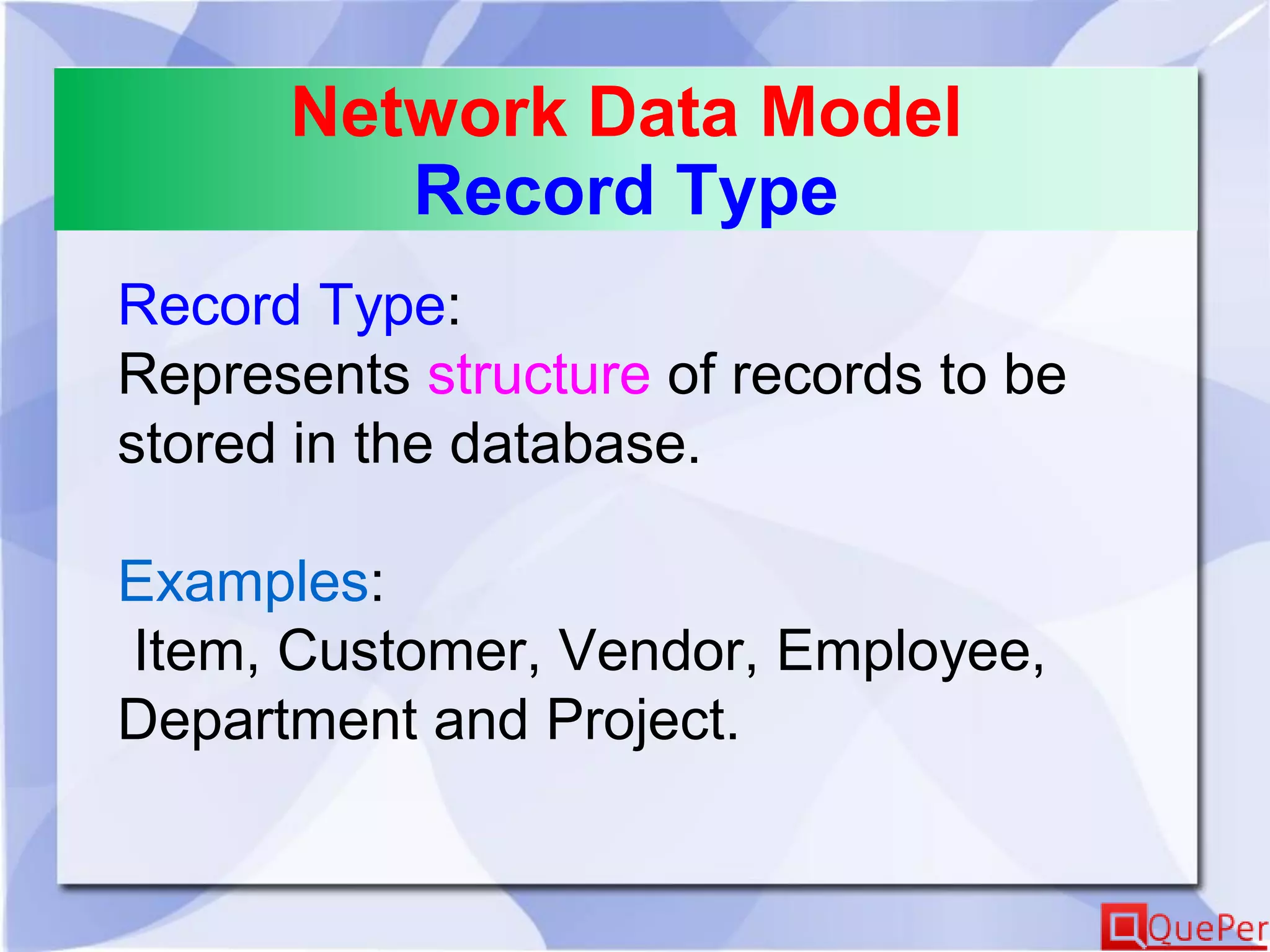 Network Data Model
Record Type
Record Type:
Represents structure of records to be
stored in the database.
Examples:
Item, Customer, Vendor, Employee,
Department and Project.
 