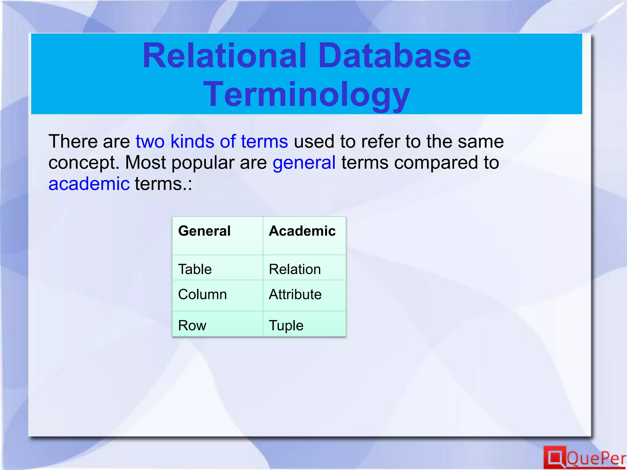 Relational Database
Terminology
General Academic
Table Relation
Column Attribute
Row Tuple
There are two kinds of terms used to refer to the same
concept. Most popular are general terms compared to
academic terms.:
 