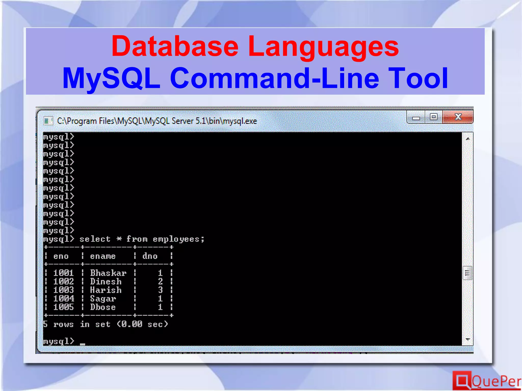 Database Languages
MySQL Command-Line Tool
 