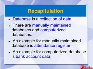 Recapitulation
 Database is a collection of data.
 There are manually maintained
databases and computerized
databases.
 An example for manually maintained
database is attendance register.
 An example for computerized database
is bank account data.
 