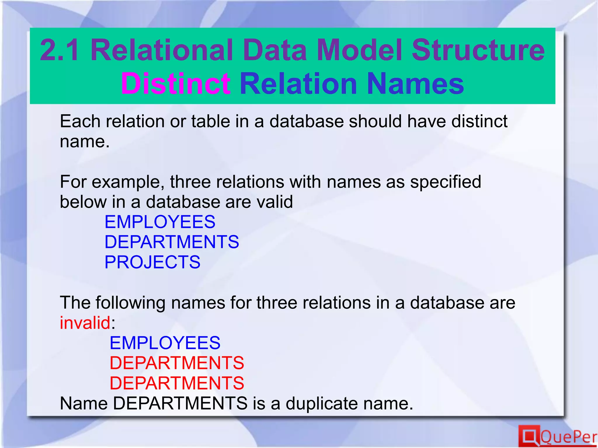 2.1 Relational Data Model Structure
Distinct Relation Names
Each relation or table in a database should have distinct
name.
For example, three relations with names as specified
below in a database are valid
EMPLOYEES
DEPARTMENTS
PROJECTS
The following names for three relations in a database are
invalid:
EMPLOYEES
DEPARTMENTS
DEPARTMENTS
Name DEPARTMENTS is a duplicate name.
 