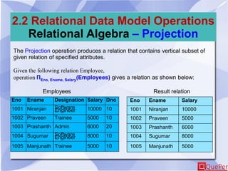 2.2 Relational Data Model Operations
Relational Algebra – Projection
The Projection operation produces a relation that contains vertical subset of
given relation of specified attributes.
Given the following relation Employee,
operation ΠEno, Ename, Salary(Employees) gives a relation as shown below:
Eno Ename Designation Salary Dno
1001 Niranjan Software
Engineer 10000 10
1002 Praveen Trainee 5000 10
1003 Prashanth Admin 6000 20
1004 Sugumar Software
Engineer 8000 10
1005 Manjunath Trainee 5000 10
Eno Ename Salary
1001 Niranjan 10000
1002 Praveen 5000
1003 Prashanth 6000
1004 Sugumar 8000
1005 Manjunath 5000
Employees Result relation
 