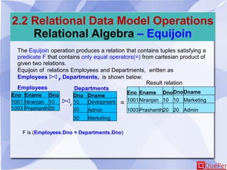 2.2 Relational Data Model Operations
Relational Algebra – Equijoin
The Equijoin operation produces a relation that contains tuples satisfying a
predicate F that contains only equal operators(=) from cartesian product of
given two relations.
Equijoin of relations Employees and Departments, written as
Employees F Departments, is shown below:
Eno Ename Dno
1001 Niranjan 10
1003 Prashanth20
Dno Dname
10 Devlopment
20 Admin
30 Marketing
Employees Departments
Eno Ename DnoDnoDname
1001Niranjan 10 10 Marketing
1003Prashanth20 20 Admin
F
Result relation
=
F is (Employees.Dno = Departments.Dno)
 