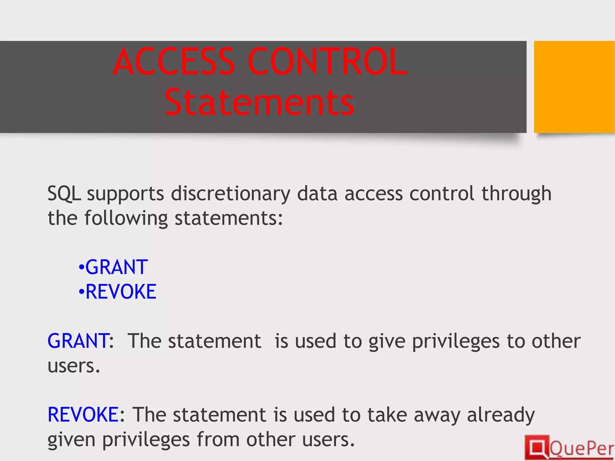 Database Systems - SQL - DCL Statements (Chapter 3/4) | PPT