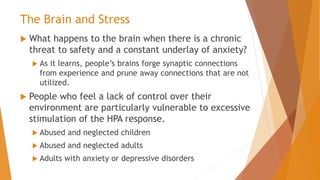The Brain and Stress
 What happens to the brain when there is a chronic
threat to safety and a constant underlay of anxiety?
 As it learns, people’s brains forge synaptic connections
from experience and prune away connections that are not
utilized.
 People who feel a lack of control over their
environment are particularly vulnerable to excessive
stimulation of the HPA response.
 Abused and neglected children
 Abused and neglected adults
 Adults with anxiety or depressive disorders
 