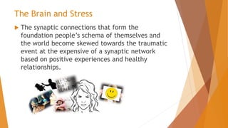 The Brain and Stress
 The synaptic connections that form the
foundation people’s schema of themselves and
the world become skewed towards the traumatic
event at the expensive of a synaptic network
based on positive experiences and healthy
relationships.
 
