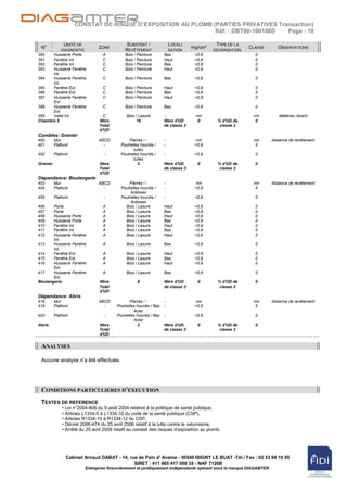 CONSTAT DE RISQUE D’EXPOSITION AU PLOMB (PARTIES PRIVATIVES Transaction)
                                                             Réf. : DBT00-100108D  Page : 10

              UNITÉ DE                       SUBSTRAT /                 LOCALI              TYPE DE LA
 N°                             ZONE                                              mg/cm²                  CLASSE         OBSERVATIONS
             DIAGNOSTIC                      REVÊTEMENT                 SATION             DEGRADATION.
390   Huisserie Porte             A          Bois / Peinture        Bas            <0,9                     0
391   Fenêtre Int.                C          Bois / Peinture        Haut           <0,9                     0
392   Fenêtre Int.                C          Bois / Peinture        Bas            <0,9                     0
393   Huisserie Fenêtre           C          Bois / Peinture        Haut           <0,9                     0
      Int.
394   Huisserie Fenêtre           C          Bois / Peinture        Bas            <0,9                     0
      Int.
395   Fenêtre Ext.                C          Bois / Peinture        Haut           <0,9                     0
396   Fenêtre Ext.                C          Bois / Peinture        Bas            <0,9                     0
397   Huisserie Fenêtre           C          Bois / Peinture        Haut           <0,9                     0
      Ext.
398   Huisserie Fenêtre           C          Bois / Peinture        Bas            <0,9                     0
      Ext.
399   Volet Int.                  C           Bois / Lasure         -              nm                      nm            Matériau récent
Chambre 5                       Nbre                16              Nbre d'UD       0       % d'UD de       0
                                Total                               de classe 3              classe 3
                                d'UD
Combles: Grenier
400       Mur                   ABCD           Pierres / -          -               nm                     nm         Absence de revêtement
401       Plafond                 -        Poutrelles hourdis /     -              <0,9                     0
                                                  tuiles
402       Plafond                 -        Poutrelles hourdis /     -              <0,9                     0
                                                  tuiles
Grenier                         Nbre                2               Nbre d'UD       0       % d'UD de       0
                                Total                               de classe 3              classe 3
                                d'UD
Dépendance: Boulangerie
403       Mur                   ABCD           Pierres / -          -               nm                     nm         Absence de revêtement
404       Plafond                 -        Poutrelles hourdis /     -              <0,9                     0
                                                Ardoises
405       Plafond                 -        Poutrelles hourdis /     -              <0,9                     0
                                                Ardoises
406    Porte                      A          Bois / Lasure          Haut           <0,9                     0
407    Porte                      A          Bois / Lasure          Bas            <0,9                     0
408    Huisserie Porte            A          Bois / Lasure          Haut           <0,9                     0
409    Huisserie Porte            A          Bois / Lasure          Bas            <0,9                     0
410    Fenêtre Int.               A          Bois / Lasure          Haut           <0,9                     0
411    Fenêtre Int.               A          Bois / Lasure          Bas            <0,9                     0
412    Huisserie Fenêtre          A          Bois / Lasure          Haut           <0,9                     0
       Int.
413    Huisserie Fenêtre          A           Bois / Lasure         Bas            <0,9                     0
       Int.
414    Fenêtre Ext.               A           Bois / Lasure         Haut           <0,9                     0
415    Fenêtre Ext.               A           Bois / Lasure         Bas            <0,9                     0
416    Huisserie Fenêtre          A           Bois / Lasure         Haut           <0,9                     0
       Ext.
417    Huisserie Fenêtre          A           Bois / Lasure         Bas            <0,9                     0
       Ext.
Boulangerie                     Nbre                8               Nbre d'UD       0       % d'UD de       0
                                Total                               de classe 3              classe 3
                                d'UD
Dépendance: Abris
418       Mur                   ABCD            Pierres / -         -               nm                     nm         Absence de revêtement
419       Plafond                 -      Poutrelles hourdis / Bac   -              <0,9                     0
                                                  Acier
420       Plafond                 -      Poutrelles hourdis / Bac   -              <0,9                     0
                                                  Acier
Abris                           Nbre                2               Nbre d'UD       0       % d'UD de       0
                                Total                               de classe 3              classe 3
                                d'UD


 ANALYSES

 Aucune analyse n‟a été effectuée.




 CONDITIONS PARTICULIERES D’EXECUTION
 TEXTES DE REFERENCE
              • Loi n°2004-806 du 9 août 2004 relative à la politique de santé publique,
              • Articles L1334-5 à L1334-10 du code de la santé publique (CSP),
              • Articles R1334-10 à R1334-12 du CSP,
              • Décret 2006-474 du 25 avril 2006 relatif à la lutte contre le saturnisme,
              • Arrêté du 25 avril 2006 relatif au constat des risques d‟exposition au plomb,




                Cabinet Arnaud DABAT - 14, rue de Pain d' Avaine - 50540 ISIGNY LE BUAT -Tél./ Fax : 02 33 68 19 55
                                             SIRET : 411 665 417 000 35 - NAF 7120B
                          Entreprise financièrement et juridiquement indépendante opérant sous la marque DIAGAMTER.
 