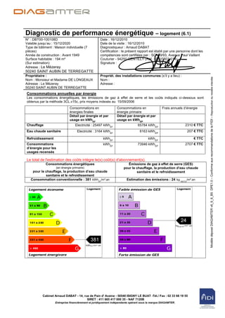Diagnostic de performance énergétique – logement (6.1)
N° : DBT00-100108D                                  Date : 16/12/2010
Valable jusqu‟au : 15/12/2020                       Date de la visite : 16/12/2010
Type de bâtiment : Maison individuelle (7           Diagnostiqueur : Arnaud DABAT
pièces)                                             Certification : le présent rapport est établi par une personne dont les
Année de construction : Avant 1949                  compétences sont certifiées par : SQI 89/93, Avenue Paul Vaillant
Surface habitable : 194 m²                          Couturier - 94250 GENTILLY (Réf. : DTI/0803-014)
(Sur estimation)                                    Signature :
Adresse : Le Mézeray
50240 SAINT AUBIN DE TERREGATTE
Propriétaire :                                      Propriét. des installations communes (s‟il y a lieu) :




                                                                                                                              Modèle déposé DIAGAMTER v6_9_6_B5 DPE1.0 – Conforme aux recommandations de la FIDI – Reproduction du modèle interdite
Nom : Monsieur et Madame DE LONGEAUX                Nom :
Adresse : Le Mézeray                                Adresse :
50240 SAINT AUBIN DE TERREGATTE
Consommations annuelles par énergie
Les consommations énergétiques, les émissions de gaz à effet de serre et les coûts indiqués ci-dessous sont
obtenus par la méthode 3CL.v15c, prix moyens indexés au 15/09/2006
                              Consommations en                  Consommations en                  Frais annuels d‟énergie
                              énergies finales                  énergie primaire
                              Détail par énergie et par         Détail par énergie et par
                              usage en kWhEF                    usage en kWhEP
Chauffage                         Electricité : 25497 kWhEF                     65784 kWhEP                      2310 € TTC
Eau chaude sanitaire               Electricité : 3164 kWhEF                      8163 kWhEP                       207 € TTC

Refroidissement                                       kWhEF                             kWhEP                         € TTC
Consommations                                         kWhEF                     73946 kWhEP                      2707 € TTC
d’énergie pour les
usages recensés

Le total de l'estimation des coûts intègre le(s) coût(s) d'abonnement(s).
             Consommations énergétiques                                 Émissions de gaz à effet de serre (GES)
                    (en énergie primaire)                            pour le chauffage, la production d’eau chaude
    pour le chauffage, la production d’eau chaude                            sanitaire et le refroidissement
            sanitaire et le refroidissement
   Consommation conventionnelle : 381 kWhEP/m².an                       Estimation des émissions : 24 kg éqCO2/m².an




           Cabinet Arnaud DABAT - 14, rue de Pain d' Avaine - 50540 ISIGNY LE BUAT -Tél./ Fax : 02 33 68 19 55
                                        SIRET : 411 665 417 000 35 - NAF 7120B
                   Entreprise financièrement et juridiquement indépendante opérant sous la marque DIAGAMTER.
 