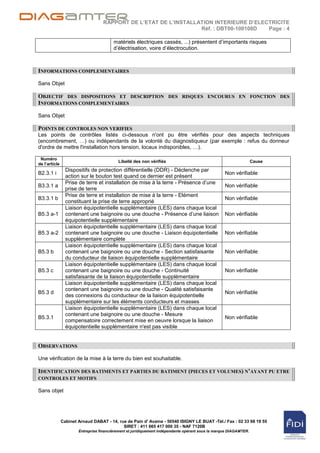 RAPPORT DE L’ETAT DE L’INSTALLATION INTERIEURE D’ELECTRICITE
                                                                  Réf. : DBT00-100108D  Page : 4

                                         matériels électriques cassés, ...) présentent d‟importants risques
                                         d‟électrisation, voire d‟électrocution.



INFORMATIONS COMPLEMENTAIRES

Sans Objet

OBJECTIF DES DISPOSITIONS ET DESCRIPTION DES RISQUES ENCOURUS EN FONCTION DES
INFORMATIONS COMPLEMENTAIRES

Sans Objet

POINTS DE CONTROLES NON VERIFIES
Les points de contrôles listés ci-dessous n'ont pu être vérifiés pour des aspects techniques
(encombrement, …) ou indépendants de la volonté du diagnostiqueur (par exemple : refus du donneur
d'ordre de mettre l'installation hors tension, locaux indisponibles, …).

 Numéro
                                           Libellé des non vérifiés                                                Cause
de l’article
                 Dispositifs de protection différentielle (DDR) - Déclenche par
B2.3.1 i                                                                                           Non vérifiable
                 action sur le bouton test quand ce dernier est présent
                 Prise de terre et installation de mise à la terre - Présence d‟une
B3.3.1 a                                                                                           Non vérifiable
                 prise de terre
                 Prise de terre et installation de mise à la terre - Elément
B3.3.1 b                                                                                           Non vérifiable
                 constituant la prise de terre approprié
                 Liaison équipotentielle supplémentaire (LES) dans chaque local
B5.3 a-1         contenant une baignoire ou une douche - Présence d‟une liaison                    Non vérifiable
                 équipotentielle supplémentaire
                 Liaison équipotentielle supplémentaire (LES) dans chaque local
B5.3 a-2         contenant une baignoire ou une douche - Liaison équipotentielle                   Non vérifiable
                 supplémentaire complète
                 Liaison équipotentielle supplémentaire (LES) dans chaque local
B5.3 b           contenant une baignoire ou une douche - Section satisfaisante                     Non vérifiable
                 du conducteur de liaison équipotentielle supplémentaire
                 Liaison équipotentielle supplémentaire (LES) dans chaque local
B5.3 c           contenant une baignoire ou une douche - Continuité                                Non vérifiable
                 satisfaisante de la liaison équipotentielle supplémentaire
                 Liaison équipotentielle supplémentaire (LES) dans chaque local
                 contenant une baignoire ou une douche - Qualité satisfaisante
B5.3 d                                                                                             Non vérifiable
                 des connexions du conducteur de la liaison équipotentielle
                 supplémentaire sur les éléments conducteurs et masses
                 Liaison équipotentielle supplémentaire (LES) dans chaque local
                 contenant une baignoire ou une douche - Mesure
B5.3.1                                                                                             Non vérifiable
                 compensatoire correctement mise en oeuvre lorsque la liaison
                 équipotentielle supplémentaire n'est pas visible


OBSERVATIONS

Une vérification de la mise à la terre du bien est souhaitable.

IDENTIFICATION DES BATIMENTS ET PARTIES DU BATIMENT (PIECES ET VOLUMES) N’AYANT PU ETRE
CONTROLES ET MOTIFS

Sans objet




               Cabinet Arnaud DABAT - 14, rue de Pain d' Avaine - 50540 ISIGNY LE BUAT -Tél./ Fax : 02 33 68 19 55
                                            SIRET : 411 665 417 000 35 - NAF 7120B
                       Entreprise financièrement et juridiquement indépendante opérant sous la marque DIAGAMTER.
 