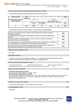 CONSTAT DE RISQUE D’EXPOSITION AU PLOMB (PARTIES PRIVATIVES Transaction)
                                                         Réf. : DBT00-100108D  Page : 2


CONCLUSION DU CONSTAT DE RISQUE D’EXPOSITION AU PLOMB
Les unités de diagnostic (UD) se repartissent de la manière suivante :

     Classe des UD                Non                0                 1                   2                3        Total
                                mesurées
Concentration en plomb                            < seuil                                   > seuil
   (seuil 1 mg/cm²)                                                                 (état de dégradation)
                                               Absence de       Non Dégradé         Etat D‟usage    Dégradés          222
                                                 plomb          Non Visibles                                         Unités
              %                   11,3%            87,8%              0%                0,9%               0%        100%


Le bien objet du présent constat présente un (des) facteur(s) de dégradation :

Au moins un local parmi les locaux objets du constat présente au moins 50% d‟unités de
                                                                                                                NON
diagnostic de classe 3.
L‟ensemble des locaux objets du constat présente au moins 20% d‟unités de diagnostic de
                                                                                                                NON
classe 3.
Les locaux objets du constat présentent au moins un plancher ou plafond menaçant de
                                                                                                                NON
s‟effondrer ou en tout ou partie effondré
Les locaux objets du constat présentent des traces importantes de coulures ou de ruissellement
                                                                                                                NON
ou d‟écoulement d‟eau sur plusieurs unités de diagnostic d‟une même pièce.
Les locaux objets du constat présentent plusieurs unités de diagnostic d‟une même pièce
                                                                                                                NON
recouvertes de moisissures ou de nombreuses tâches d‟humidité.

OBLIGATION DU PROPRIETAIRE
Sans objet.

RECOMMANDATION

Il existe au moins une unité de diagnostic de classe 1 ou 2. Il est rappelé au propriétaire l'intérêt de veiller à
l'entretien des revêtements les recouvrant, afin d'éviter leur dégradation future.

OCCUPATION DU BIEN LORS DE LA VISITE
LE BIEN N'EST PAS OCCUPE             NOMBRE D'ENFANTS MINEURS : 0           MINEURS DE MOINS DE 6 ANS : 0
LE BIEN IMMOBILIER EST VENDU VIDE D'OCCUPANTS SELON INDICATION DU PROPRIETAIRE      NON

PIECES OU LOCAUX VISITES
Comprenant des peintures au plomb
                                                                                                                             *
Rez de chaussée : Salle de bains 1; 1er Etage : Salon.
Ne comprenant pas de peintures au plomb
Rez de chaussée : Grange, Cave, Cuisine, Couloir, WC 1, Salle de bains 2, Séjour, Chambre 1, Cage d escalier; 1er
Etage : Mezzanine, Chambre 2, WC 2, Chambre 3, Dégagement, Chambre 4, Chambre 5; Combles : Grenier;
Dépendance : Boulangerie, Abris.


PIECES OU LOCAUX NON VISITES
                                                                                                                             *
Tous les locaux dont l'opérateur a eu connaissance ont été visités.

AUTRES OBSERVATIONS
                                                                                                                             *
Sans Objet




           Cabinet Arnaud DABAT - 14, rue de Pain d' Avaine - 50540 ISIGNY LE BUAT -Tél./ Fax : 02 33 68 19 55
                                        SIRET : 411 665 417 000 35 - NAF 7120B
                    Entreprise financièrement et juridiquement indépendante opérant sous la marque DIAGAMTER.
 