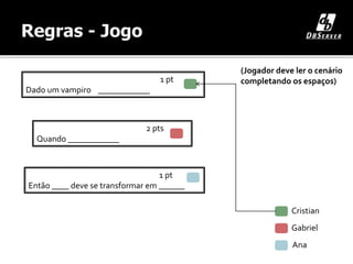 Cristian
Gabriel
Ana
1 pt
Então ____ deve se transformar em ______
1 pt
Dado um vampiro ____________
2 pts
Quando ____________
(Jogador deve ler o cenário
completando os espaços)
 