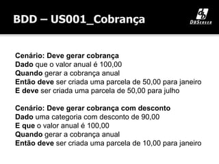 Cenário: Deve gerar cobrança
Dado que o valor anual é 100,00
Quando gerar a cobrança anual
Então deve ser criada uma parcela de 50,00 para janeiro
E deve ser criada uma parcela de 50,00 para julho
Cenário: Deve gerar cobrança com desconto
Dado uma categoria com desconto de 90,00
E que o valor anual é 100,00
Quando gerar a cobrança anual
Então deve ser criada uma parcela de 10,00 para janeiro
 
