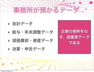 事務所が預かるデータ
              ‣ 会計データ

              ‣ 給与・年末調整データ    企業の根幹をな
                             す、超重要データ
              ‣ 減価償却・資産データ
                                である
              ‣ 決算・申告データ




Thursday, October 25, 12
 