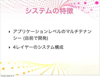 システムの特徴

              ‣ アプリケーションレベルのマルチテナン
                     シー (自前で開発)

              ‣ 4レイヤーのシステム構成




Thursday, October 25, 12
 