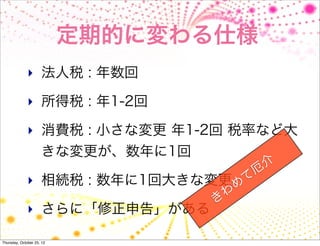 定期的に変わる仕様
              ‣ 法人税 : 年数回

              ‣ 所得税 : 年1-2回

              ‣ 消費税 : 小さな変更 年1-2回 税率など大
                     きな変更が、数年に1回
                                         介
                                        厄
              ‣ 相続税 : 数年に1回大きな変更 めて
                                    わ
                                   き
              ‣ さらに「修正申告」がある

Thursday, October 25, 12
 