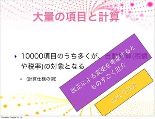 大量の項目と計算

                                                                 と
                                                             る
               ‣ 10000項目のうち多くが、自動計算(税額
                                 す
                                                      慮
                                                     考
                      や税率)の対象となる                  を       介
                                                更        厄
                                              変      く
                           (計算仕様の例)         る       ご
                                           よ     す
                                         に     の                 介
                                       正     も                厄
                                      改                      り
                                                         な
                                                      か

Thursday, October 25, 12
 