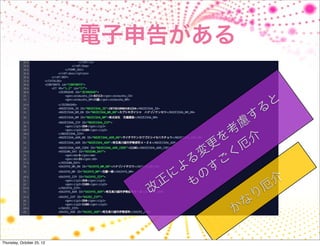 電子申告がある

                                                         と
                                                     る
                                                  す
                                              慮
                                             考
                                          を       介
                                        更        厄
                                      変      く
                                    る       ご
                                   よ     す
                                 に     の                 介
                               正     も                厄
                              改                      り
                                                 な
                                              か

Thursday, October 25, 12
 