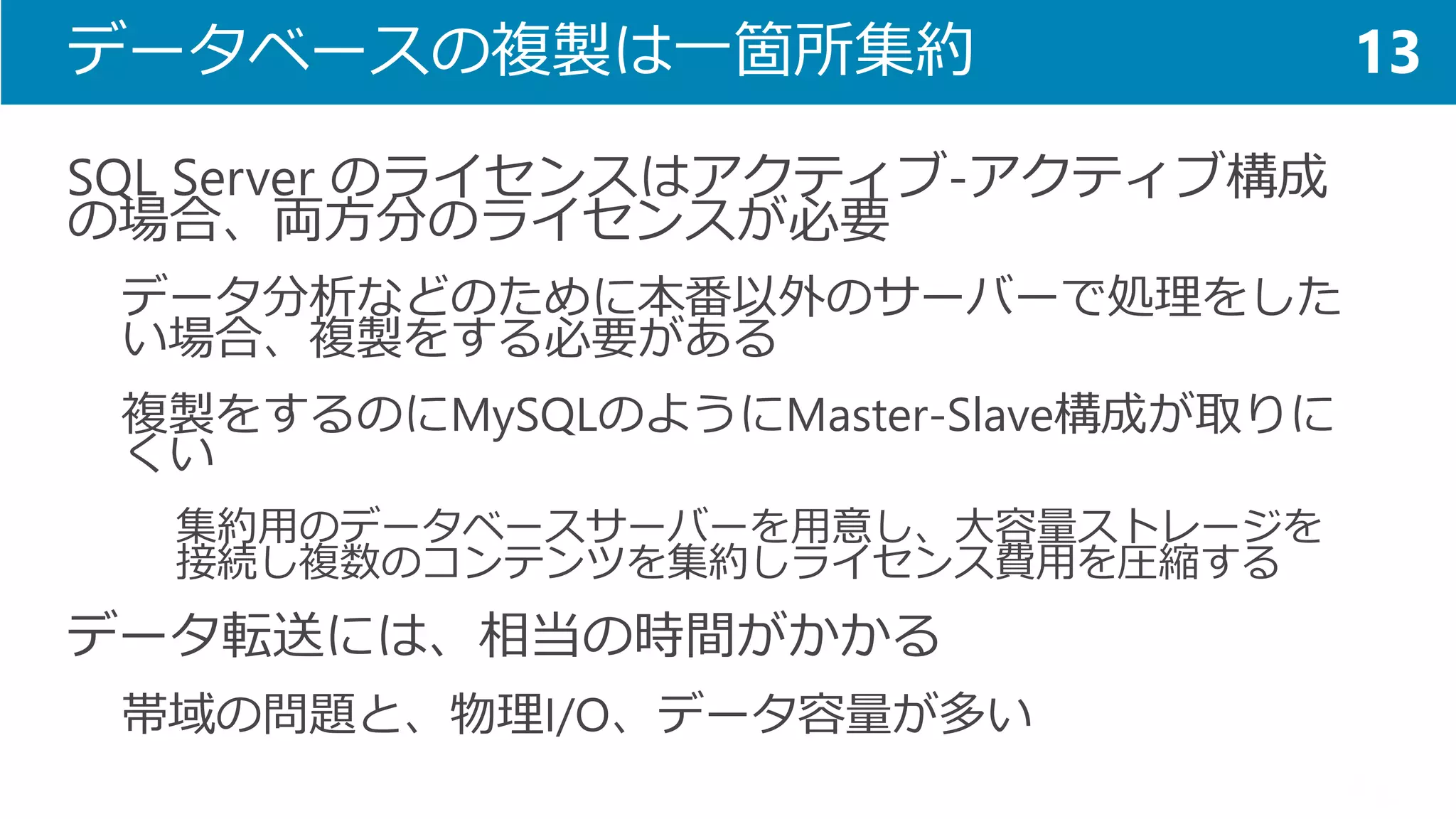 データベースの複製は一箇所集約 
SQL Server のライセンスはアクティブ-アクティブ構成 の場合、両方分のライセンスが必要 
データ分析などのために本番以外のサーバーで処理をした い場合、複製をする必要がある 
複製をするのにMySQLのようにMaster-Slave構成が取りに くい 
集約用のデータベースサーバーを用意し、大容量ストレージを 接続し複数のコンテンツを集約しライセンス費用を圧縮する 
データ転送には、相当の時間がかかる 
帯域の問題と、物理I/O、データ容量が多い 
13  