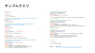 ['events.all']
| take 10
// Event list
['events.all']
| distinct FullName_Name
// project(“select” in SQL): https://docs.microsoft.com/en-us/azure/data-
explorer/kusto/query/projectoperator
['events.all']
| take 10
| project EventData
// “dynamic” data type: https://docs.microsoft.com/ja-jp/azure/data-
explorer/kusto/query/scalar-data-types/dynamic
['events.all']
| take 10
| project EventData
| getschema
['events.all']
| where FullName_Name == 'player_logged_in'
| take 10
| project EventData, EventData.Source
['events.all']
| where FullName_Name == 'player_logged_in'
| take 10
| project EventData, EventData.Location.CountryCode
// extend(define new column): https://docs.microsoft.com/en-us/azure/data-
explorer/kusto/query/extendoperator
['events.all']
| where FullName_Name == 'player_logged_in'
| take 10
| project EventData
| extend ipv4adress = tostring(EventData.IPV4Address)
| extend CountryCode = tostring(EventData.Location.CountryCode)
| extend Timestamp = todatetime(EventData.Timestamp)
// DAU, NRU, Retention rate, Churn rate
let startdate = datetime(2020-03-01);
let enddate = datetime(2020-06-30);
['events.all']
| where FullName_Name == 'player_logged_in'
| evaluate activity_metrics(Entity_Id, Timestamp, startdate, endofday(enddate), 1d)
//| render timechart
// DAU, NRU, Retention rate, Churn rate by Country
let startdate = datetime(2020-03-01);
let enddate = datetime(2020-06-30);
['events.all']
| where FullName_Name == 'player_logged_in'
| extend CountryCode = tostring(EventData.Location.CountryCode)
| evaluate activity_metrics(Entity_Id, Timestamp, startdate, endofday(enddate), 1d,
CountryCode)
//| render timechart
// DAU by country
let startdate = datetime(2020-03-01);
let enddate = datetime(2020-06-30);
['events.all']
| where FullName_Name == 'player_logged_in' and Timestamp between (startdate ..
endofday(enddate))
| extend CountryCode = tostring(EventData.Location.CountryCode)
| summarize dcount(Entity_Id) by CountryCode, bin(Timestamp, 1d)
| project Timestamp, CountryCode, dcount_Entity_Id
// Power BI
['events.all’]
| where Timestamp > ago(7d)
PlayFabイベントに関する情報
詳しくは・・・ https://docs.microsoft.com/en-us/gaming/playfab/api-references/events/
 