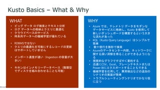 Kusto Basics – What & Why
• ビッグ データ ログ検索とテキスト分析
• ログ データへの格納とクエリに最適化
• クラウドベースのサービス
• 時系列データへの機械学習が優れている
• RDBMSではない
• クエリの最適化を可能にするレコードの更新
はサポートしていません
• インポート速度が速い（Ingestion の容量が大
きい）
• キホンはインメモリーデータベース（階層型
でディスクを組み合わせることも可能）
• Azure では、テレメトリ データをモダンな
データサービスに格納し、Kusto を使用して
新しいダッシュボードを構築するという大き
な流れがあった
• KQL（Kusto Query Language）はシンプルで
簡単
• 数十億行を数秒で検索
• Azureのデータセンター内部、ネットワークに
関する深い洞察を得ることができるようにな
る
• 視覚的なグラフですばやく要約する
• 迅速にCSV、Excel、プレーンテキストまたは
Power BIにエクスポートすることもできる
• 機械学習を応用して、異常検出などの追加の
シナリオの実装が簡単
• トラブルシューティングシナリオでかなり役
に立つ
 