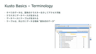 Kusto Basics – Terminology
 すべてのデータは、固有のクラスターを介してアクセス可能
 クラスタにデータベースが含まれる
 データベースにテーブルが含まれる
 テーブルは、列と行にデータを格納 "表形式のデータ"
(Cluster)
(Database)
(Tables)
 