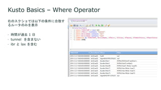 Kusto Basics – Where Operator
右のスクショでは以下の条件に合致す
るルータのみを表示
 時間が過去 1 日
 tunnel を含まない
 ibr と lax を含む
 