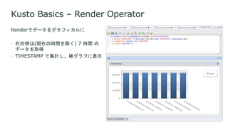 Kusto Basics – Render Operator
Renderでデータをグラフィカルに
 右の例は(現在の時間を除く) 7 時間 の
データを取得
 TIMESTAMP で集計し、棒グラフに表示
 