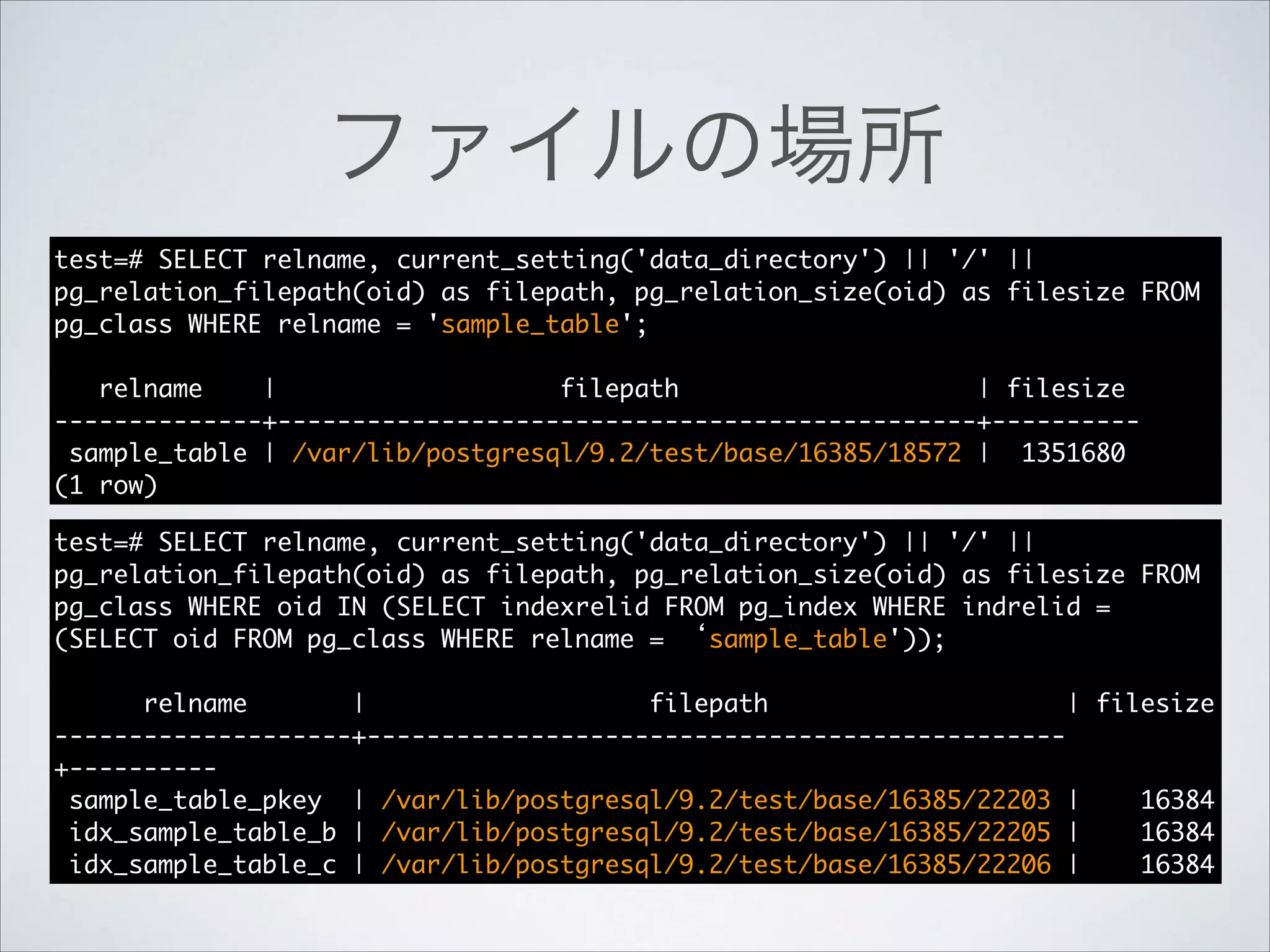 ファイルの場所
test=#	 SELECT	 relname,	 current_setting('data_directory')	 ||	 '/'	 ||	 	 
pg_relation_filepath(oid)	 as	 filepath,	 pg_relation_size(oid)	 as	 filesize	 FROM	 
pg_class	 WHERE	 relname	 =	 'sample_table';

!
	 	 	 relname	 	 	 	 |	 	 	 	 	 	 	 	 	 	 	 	 	 	 	 	 	 	 	 filepath	 	 	 	 	 	 	 	 	 	 	 	 	 	 	 	 	 	 	 	 |	 filesize

--------------+-----------------------------------------------+----------

	 sample_table	 |	 /var/lib/postgresql/9.2/test/base/16385/18572	 |	 	 1351680

(1	 row)
test=#	 SELECT	 relname,	 current_setting('data_directory')	 ||	 '/'	 ||	 	 
pg_relation_filepath(oid)	 as	 filepath,	 pg_relation_size(oid)	 as	 filesize	 FROM	 
pg_class	 WHERE	 oid	 IN	 (SELECT	 indexrelid	 FROM	 pg_index	 WHERE	 indrelid	 =	 
(SELECT	 oid	 FROM	 pg_class	 WHERE	 relname	 =	 ‘sample_table'));

!
	 	 	 	 	 	 relname	 	 	 	 	 	 	 |	 	 	 	 	 	 	 	 	 	 	 	 	 	 	 	 	 	 	 filepath	 	 	 	 	 	 	 	 	 	 	 	 	 	 	 	 	 	 	 	 |	 filesize

--------------------+----------------------------------------------+----------

	 sample_table_pkey	 	 |	 /var/lib/postgresql/9.2/test/base/16385/22203	 |	 	 	 	 16384

	 idx_sample_table_b	 |	 /var/lib/postgresql/9.2/test/base/16385/22205	 |	 	 	 	 16384

	 idx_sample_table_c	 |	 /var/lib/postgresql/9.2/test/base/16385/22206	 |	 	 	 	 16384

 