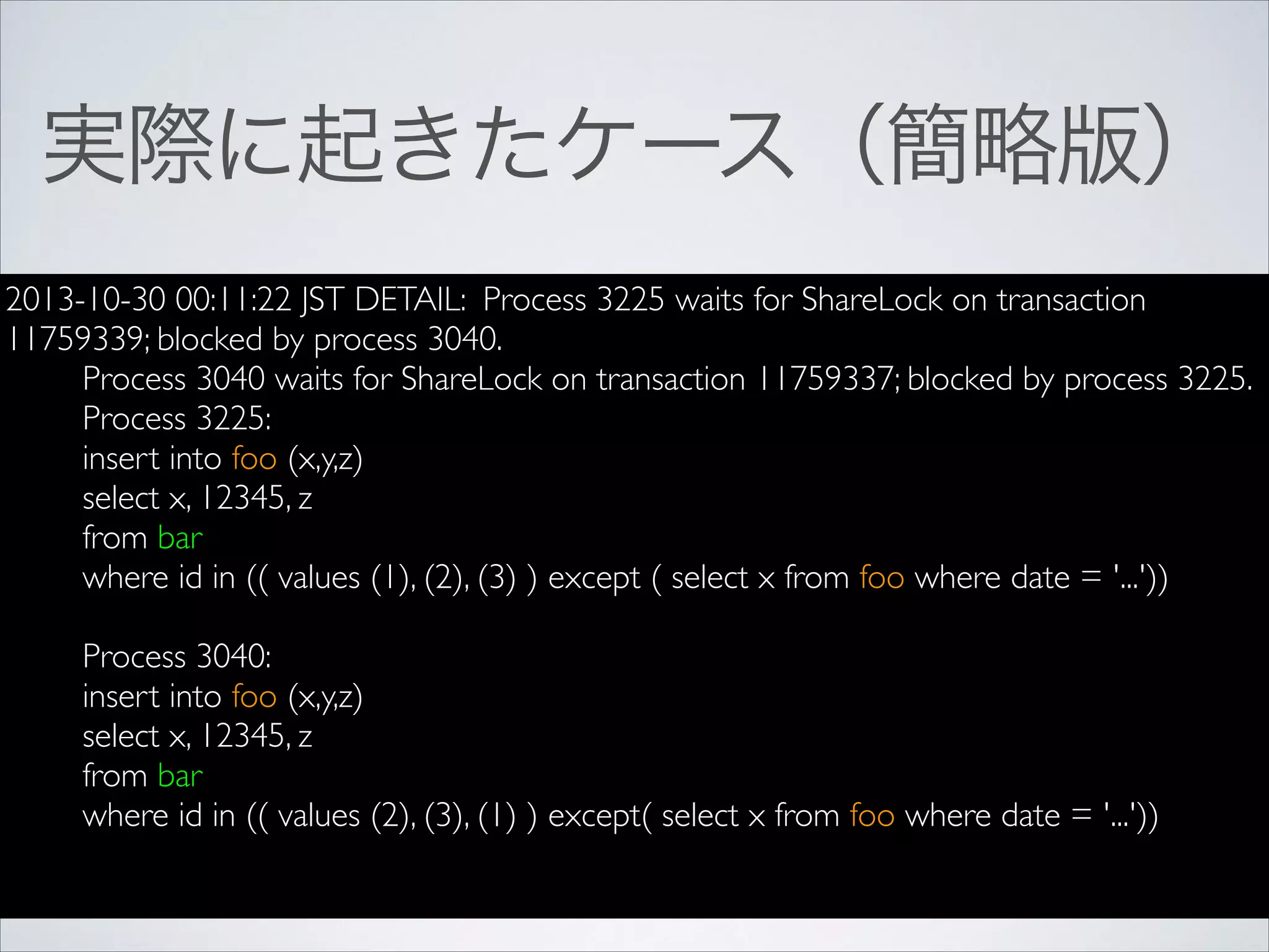 実際に起きたケース（簡略版）
2013-10-30 00:11:22 JST DETAIL: Process 3225 waits for ShareLock on transaction
11759339; blocked by process 3040.	

Process 3040 waits for ShareLock on transaction 11759337; blocked by process 3225.	

Process 3225:	

insert into foo (x,y,z)	

select x, 12345, z	

from bar	

where id in (( values (1), (2), (3) ) except ( select x from foo where date = '...'))	

!

Process 3040:	

insert into foo (x,y,z)	

select x, 12345, z	

from bar	

where id in (( values (2), (3), (1) ) except( select x from foo where date = '...'))	

!

 