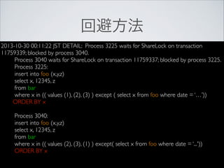 回避方法
2013-10-30 00:11:22 JST DETAIL: Process 3225 waits for ShareLock on transaction
11759339; blocked by process 3040.	

Process 3040 waits for ShareLock on transaction 11759337; blocked by process 3225.	

Process 3225:	

insert into foo (x,y,z)	

select x, 12345, z	

from bar	

where x in (( values (1), (2), (3) ) except ( select x from foo where date = ‘…’))	

ORDER BY x	

!

Process 3040:	

insert into foo (x,y,z)	

select x, 12345, z	

from bar	

where x in (( values (2), (3), (1) ) except( select x from foo where date = ‘...'))	

ORDER BY x	

!

 