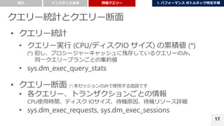 17
• クエリー実行 (CPU/ディスクIO サイズ) の累積値 (*)
(*) 但し、プロシージャーキャッシュに残存しているクエリーのみ。
同一クエリープランごとの集約値
• sys.dm_exec_query_stats
• 各クエリー、トランザクションごとの情報
CPU使用時間、ディスク IOサイズ、待機原因、待機リソース詳細
• sys.dm_exec_requests, sys.dm_exec_sessions
 