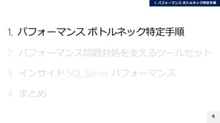 6
1. パフォーマンス ボトルネック特定手順
2. パフォーマンス問題対処を支えるツールセット
3. インサイド SQL Server パフォーマンス
4. まとめ
 