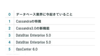 0 データベース業界に今起きていること
1 Cassandraの特徴
2 Cassandra3.0の新機能
3 DataStax Enterprise 5.0
4 DataStax Enterprise 5.0
5 OpsCenter 6.0
2© 2016 DataStax, All Rights Reserved.
 