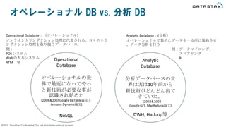 ©2015 DataStax Confidential. Do not distribute without consent.
オペレーショナル DB vs. 分析 DB
Operational	Database：（オペレーショナル）
オンライントランザクション処理に代表される、日々のトラ
ンザクション処理を取り扱うデータベース:
例：
POSシステム
Webの入力システム
ATM 等
Analytic	Database：(分析）
オペレーショナルで集めたデータを一カ所に集約させ
、データ分析を行う
例：データマイニング、
スコアリング
BIOperational	
Database
オペレーショナルの世
界で最近になってやっ
と新技術が必要な事が
認識され始めた
(2006&2007	Google	BigTable論文と
Amazon	Dynamo論文)
NoSQL
Analytic
Database
分析データベースの世
界は実は10年前から
新技術がどんどん出て
きていた。
(2003&2004	
Google	GFS,	MapReduce論文)
DWH,	Hadoop等
 