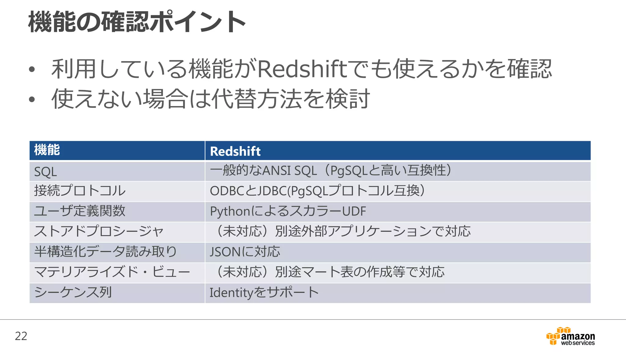 22
機能の確認ポイント
• 利用している機能がRedshiftでも使えるかを確認
• 使えない場合は代替方法を検討
機能 Redshift
SQL 一般的なANSI SQL（PgSQLと高い互換性）
接続プロトコル ODBCとJDBC(PgSQLプロトコル互換）
ユーザ定義関数 PythonによるスカラーUDF
ストアドプロシージャ （未対応）別途外部アプリケーションで対応
半構造化データ読み取り JSONに対応
マテリアライズド・ビュー （未対応）別途マート表の作成等で対応
シーケンス列 Identityをサポート
 