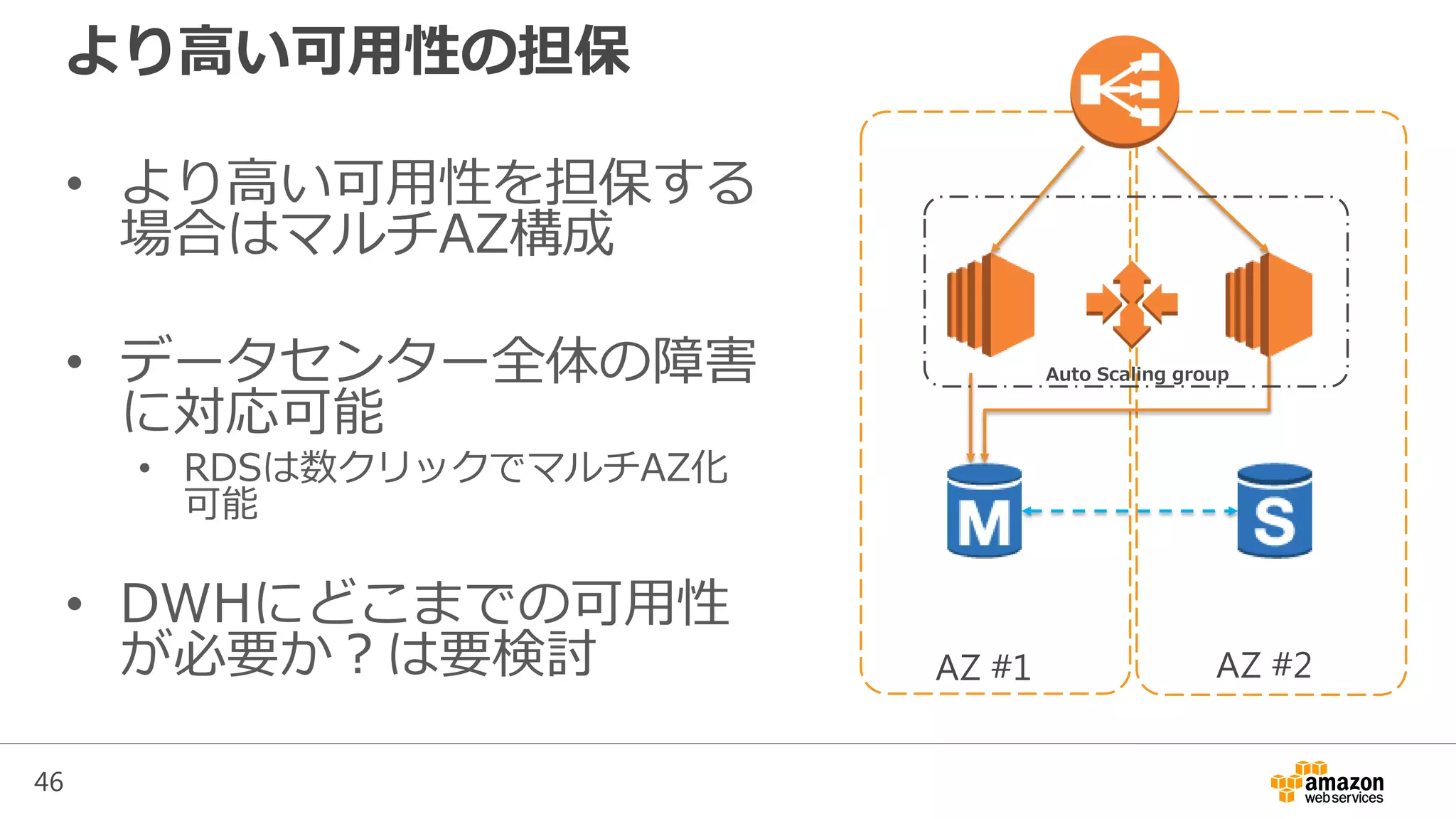 46
AZ #2
より高い可用性の担保
• より高い可用性を担保する
場合はマルチAZ構成
• データセンター全体の障害
に対応可能
• RDSは数クリックでマルチAZ化
可能
• DWHにどこまでの可用性
が必要か？は要検討 AZ #1
Auto Scaling group
 