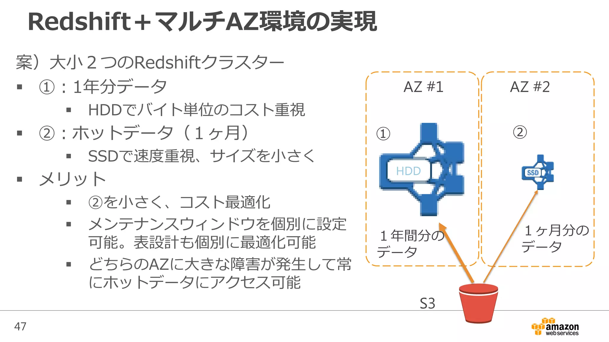 47
Redshift＋マルチAZ環境の実現
案）大小２つのRedshiftクラスター
 ①：1年分データ
 HDDでバイト単位のコスト重視
 ②：ホットデータ（１ヶ月）
 SSDで速度重視、サイズを小さく
 メリット
 ②を小さく、コスト最適化
 メンテナンスウィンドウを個別に設定
可能。表設計も個別に最適化可能
 どちらのAZに大きな障害が発生して常
にホットデータにアクセス可能
AZ #2AZ #1
S3
HDD
１ヶ月分の
データ
１年間分の
データ
① ②
 