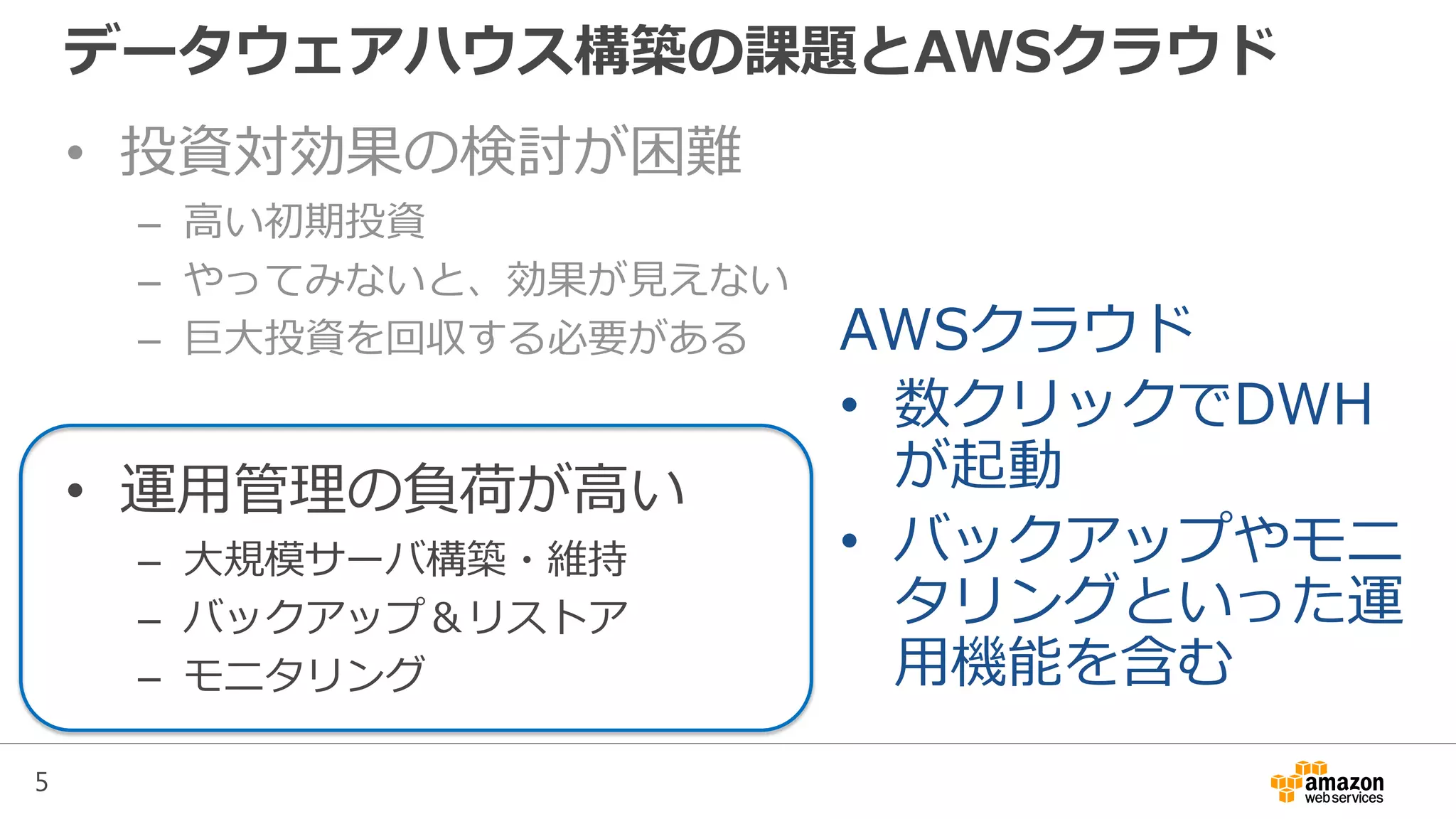 5
データウェアハウス構築の課題とAWSクラウド
• 投資対効果の検討が困難
– 高い初期投資
– やってみないと、効果が見えない
– 巨大投資を回収する必要がある
• 運用管理の負荷が高い
– 大規模サーバ構築・維持
– バックアップ＆リストア
– モニタリング
AWSクラウド
• 数クリックでDWH
が起動
• バックアップやモニ
タリングといった運
用機能を含む
 
