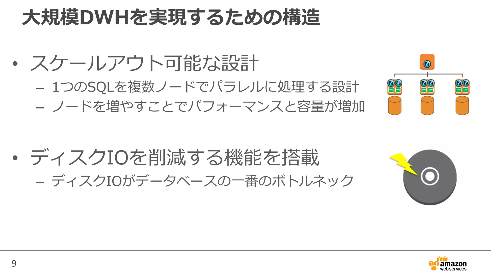 9
大規模DWHを実現するための構造
• スケールアウト可能な設計
– 1つのSQLを複数ノードでパラレルに処理する設計
– ノードを増やすことでパフォーマンスと容量が増加
• ディスクIOを削減する機能を搭載
– ディスクIOがデータベースの一番のボトルネック
 