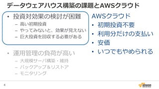 4
データウェアハウス構築の課題とAWSクラウド
• 投資対効果の検討が困難
– 高い初期投資
– やってみないと、効果が見えない
– 巨大投資を回収する必要がある
• 運用管理の負荷が高い
– 大規模サーバ構築・維持
– バックアップ＆リストア
– モニタリング
AWSクラウド
• 初期投資不要
• 利用分だけの支払い
• 安価
• いつでもやめられる
 