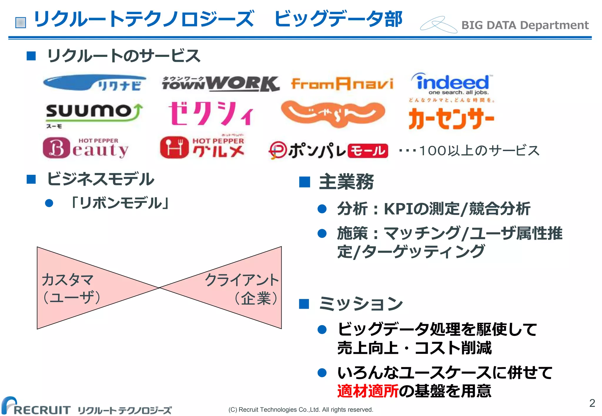 (C) Recruit Technologies Co.,Ltd. All rights reserved.
BIG DATA Departmentリクルートテクノロジーズ ビッグデータ部
 リクルートのサービス
 ビジネスモデル
 「リボンモデル」
2
カスタマ
（ユーザ）
クライアント
（企業）
 主業務
 分析：KPIの測定/競合分析
 施策：マッチング/ユーザ属性推
定/ターゲッティング
 ミッション
 ビッグデータ処理を駆使して
売上向上・コスト削減
 いろんなユースケースに併せて
適材適所の基盤を用意
・・・１００以上のサービス
 